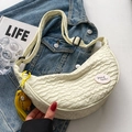 Creamy white pleated crescent crossbody bag with yellow duck charm and pink luck patch - Yellow (Penguin Pendant And Acrylic Badge)