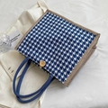 Blue and white houndstooth large tote bag with wooden button and woven handles - Blue Without Charm