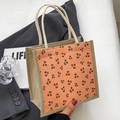 Pink corduroy tote bag with cherry print and linen sides featuring white cotton rope handles - Orange Zipper Style
