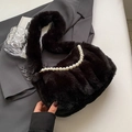 Chic black plush cloud bag featuring elegant pearl handles and soft faux fur texture - Black