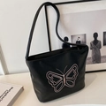 Bolso tote negro con bordado de mariposa rosa y diseño de correa de hombro minimalista - Negro sin Colgante