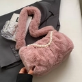 Pink faux fur cloud bag with elegant pearl handle and stylish pleated plush texture - Pink