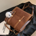 Brown vintage patchwork leather and corduroy square backpack with plush pendant - Brown With Plush Monster Pendant