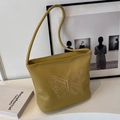 Bolso tote verde mostaza de cuero sintético con delicado bordado de mariposa - Amarillo sin colgante