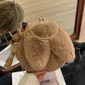 Cute khaki plush bunny handbag with golden kiss-lock closure and elegant chain strap - Brown with Rabbit Pendant