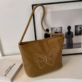 Bolso tote de cuero PU marrón con elegante bordado de mariposa rosa y correas minimalistas - Marrón Claro Sin Colgante