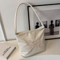 White vintage tote bag with pink butterfly embroidery and pebble grain leather strap - Rice White (No Pendant)