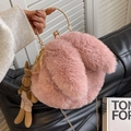 Pink plush rabbit crossbody bag with golden ring handle and chain strap for women - Pink With Rabbit Charm