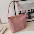 Pink faux leather tote bag with butterfly embossing and slim handle for women - Pink Without Pendant