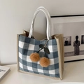 Linnen draagtas met blauw en wit geruit patroon en decoratieve kersenhanger - Blauw Met Khaki Kersenhanger