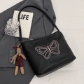 Black vintage shoulder bag with pink butterfly embroidery and a cute bunny charm - Black With Rabbit Charm