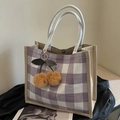 Borsa tote in lino a scacchi viola con ciondolo ciliegia per il pendolarismo di classe - Viola Con Ciondolo Ciliegia Cachi