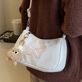 Sac à bandoulière en cuir blanc avec broderie papillon rose et breloque en peluche - Blanc Avec Pendentif Œil Kaki
