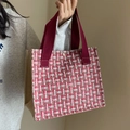 Red tweed tote bag with woven texture and top handle for autumn winter fashion style - Red Webbing Style