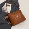 Brown vintage faux leather tote bag with embroidered butterfly and bunny charm - Brown With Rabbit Charm
