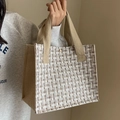 Retro woven tweed tote bag with brown fabric straps and golden buckle detail - Khaki Webbing Style