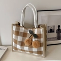 Brown gingham linen tote bag with woven texture and a cute plush cherry pendant charm - Khaki With Khaki Cherry Charm