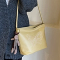 Yellow leather shoulder bag with white butterfly embroidery and a plush rabbit charm - Yellow With Rabbit Charm