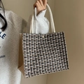 Retro woven tote bag with tricolor tweed texture and sturdy rope handles for women - Black Rope Style