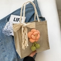 Borsa tote in lino con decorazione floreale 3D arancione e manico in corda rustica - Rosa con sciarpa di seta