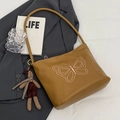 Brown vintage faux leather tote bag with pink butterfly embroidery and rabbit charm - Light Brown With Rabbit Charm