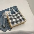 Checkered linen tote bag with black and white plaid design and woven rope handles - Black without Pendant