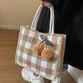 Brown and white checkered waffle tote bag with a cute cherry plush charm and rope handles - Khaki With Khaki Cherry Pendant