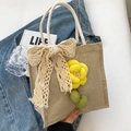 Borsa in lino con fiocco di pizzo bianco e girasole in peluche e manici in cotone - Giallo Con Sciarpa