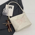 Off-white butterfly embroidered tote bag with brown rabbit plush charm and long shoulder strap - Off-white With Rabbit Charm