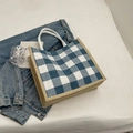 Large capacity blue and white plaid linen tote bag with brown edges and round handles - Blue Without Charm