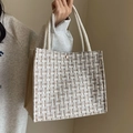 Beige and brown checkered tweed tote bag with woven rope handles and gold snap button - Khaki Rope Style