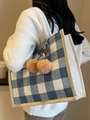 Blue and white gingham waffle tote bag with cherry charm detail for women's daily commute - Blue With Khaki Cherry Pendant