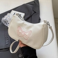 Sac sous le bras blanc texture autruche avec broderie papillon rose et zip argenté - Blanc Sans Pendentif