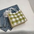 Large capacity green gingham jute tote bag with white rope handles for daily commuting - Green Without Pendant
