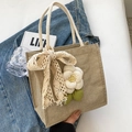 Linen tote bag with cream lace bow and white camellia flower accent - Off-white With Scarf