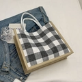 Large waffle-pattern tote bag featuring black and white checkered fabric with rope handles - Black without Pendant