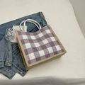 Purple checkered linen tote bag with white woven handles for stylish daily commute - Purple Without Pendant