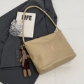 Beige faux leather tote bag with pink butterfly embroidery and a plush bunny charm - Light Khaki With Rabbit Charm