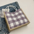 Purple waffle weave checkerboard tote bag with rustic hemp trim and white rope handles - Purple Without Pendant