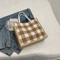Large capacity linen tote bag in brown and white checkered pattern with rope handles - Khaki (No Pendant)