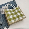 Green checkered waffle tote bag with white cotton rope handles in a casual flat lay - Green Without Pendant