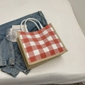 Large linen tote bag with red and white checkered pattern and thick rope handles - Red (No Pendant)