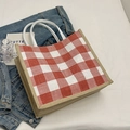 Red and white waffle pattern burlap tote bag with sturdy woven rope handles - Red (No Pendant)