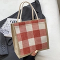 Tragetasche aus Jute mit rot-weißem Karomuster und weichen gewebten Seilgriffen - Reißverschluss-Stil / Rot