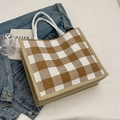 Large capacity waffle tote bag with brown checkered pattern and woven rope handles - Khaki (No Pendant)