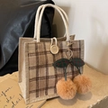 Brown checkered linen lunch bag with cotton rope handles and plush cherry charm - Button Style (With Cherry Charm) / Khaki