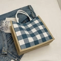 Blue and white checkered waffle tote bag with woven rope handles and khaki trim - Blue Without Charm