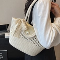 Borsa in paglia stile francese bianco crema con fiocco in pizzo e fibbia a perla - Bianco Sporco