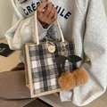 Brown and white checkered jute tote bag with wooden buckle and cherry plush pendant - Button Style (With Cherry Charm) / Gray