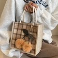 Brown checkered canvas bento bag with white woven rope handle and cherry charm pendant - Zipper Style (With Cherry Charm) / Khaki